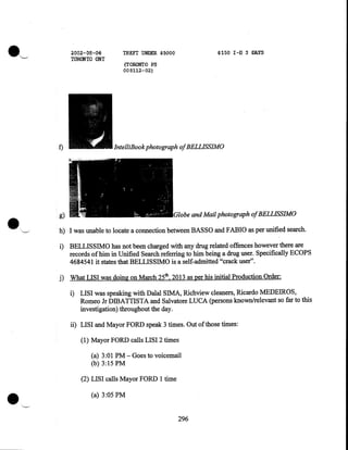 2.002-08-06
TORONTO ONT

$150 I-D 3 DAYS

THEFT UNDER $5000
(TORONTO PS

0081.1.2-02)

f)

•

,,_.,-

IntelliBook photograph ofBELLISSIMO

and Mail photograph of BELLISSIMO

g)

h) I was unable to locate a connection between BASSO and FABIO as per unified search.

i) BELLISSIMO has not been charged with any drug related offences however there are
records of him in Unified Search referring to him being a drug user. Specifically ECOPS
4684541 it states that BELLISSIMO is a self-admitted "crack user".
j) What LISI was doing on March 25th, 2013 as per his initial Production Order:
i) LISI was speaking with Dalal SIMA, Richview cleaners, Ricardo MEDEIROS,
Romeo Jr DffiATTISTA and Salvatore LUCA (persons known/relevant so far to this
investigation) throughout the day.
ii) LISI and Mayor FORD speak 3 times. Out of those times:
(1) Mayor FORD calls LISI 2 times
(a) 3:01 PM- Goes to voicemail
(b) 3:15PM

•

(2) LISI calls Mayor FORD 1 time
(a) 3:05PM
296

 