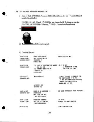 b) LISI met with Ameer EL-KHASHAB:
i) Date of Birth 1982.11.23. Address: 10 Birchbank Road. He has 17 Unified Search
results. Specifically:
(1) CIPS 1011662 -March 18th, 2003 he was charged with first degree murder.
(2) COPS 20030020286- February 5th, 2003 -Possession of marihuana
ii)

IP - innocent party

iii)

IntelliBook photograph

iv) Criminal Record:
2000-09:-21

TORONTO ONT
{YOUTH COURT)

2002-05-31

TORONTO ONI

PROBATION 12 MOS

THEFT OVER $5000
SEC 322-334(Al CC
{TORONTO PS

005068-00)

(1) POS.S OF COUNIERFEIT .MONEY

SEC 450 CC
(2) ROBBERY SEC 344 CC

(1-2~

3 MOS

& PROBATION 2 YRS
ON EACH CHG GONG

(TORONTO. PS

005068-00)

6 YRS & 10 MOS & (CREDIT FOR
!HE EQUIVAI.E.Nl' OF 2 YRS
& 7 MOS PRE-SENIENCE CUSTODY)
& MANDATORY PROHIBITION
ORDER SEC 109 CC

2005-10-19

TORONTO ONI

(TORONTO PS

005068-001

2009:-03-17

l?OSS OF A SCBEDIJLE II
SIJBSI'ANCE
SEC 4 {5) CDS ACT
(INS!' MILLHAVEN)

30 DAYS CONSEC TO SENT SERVING

2009--12-08

UTTERING THREATS

30 DAYS
CONSEC TO SENT SERVING

KINGSTON ONI

•

N.APANEE ONT

SEC 264.1(1) (A} CC
(INS!' MILLHAVEN)

2010-06-17

299

 