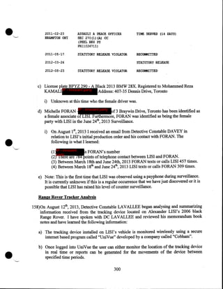 2011-02-23

BRl'JMPTON ONT

ASSAULT A PEACE OFFICER

SEC 270(1) {A) CC

'TIME SERVED (14 DAYS)

(PEEL BEG PS

PR11026711)
2011-05-17

SIAIU'!ORY R!.L'EASE VIOI.UOR

2012-03-26
2012-08-23

STATUTORY RELEASE VIOLATOR

c) License plate BPYZ 290- A Black 2013 BMW 28X. Registered to Mohammed Reza
KAMAL! IP - innocent party Address: 407-35 Dennis Drive, Toronto
i) Unknown at this time who the female driver was.
d) Michelle FORAN IP - innocent party of3 Braywin Drive, Toronto has been identified as
a female associate ofLISI. Furthermore, FORAN was identified as being the female
party with LISI in the June 24th, 2013 Surveillance.

•

"'--"

i) On August 15 2013 I received an email from Detective Constable DAVEY in
relation to LISI's initial production order and his contact with FORAN. The
following is what I learned:
(1)IP - innocent
s FORAN's number
party
(2) There are 784 points of telephone contact between LISI and FORAN.
(3) Between March 18th and June 24th, 2013 FORAN texts or calls LISI 457 times.
(4) Between March 18th and June 24th, 2013 LISI texts or calls FORAN 309 times.
e) Note: This is the first time that LISI was observed using a payphone during surveillance.
It is currently unknown if this is a regular occurrence that we have just discovered or it is
possible that LISI has raised his level of counter surveillance.
Range Rover Tracker Analysis

158)0n August 12th, 2013, Detective Constable LAVALLEE began analysing and summarizing
information received from the tracking device located on Alexander LISI' s 2006 black
Range Rover. I have spoken with DC LAVALLEE and reviewed his memorandum book
notes and have learned the following information:

•

a) The tracking device installed on LISI's vehicle is monitored wirelessly using a secure
internet based program called "UniVue" developed by a company called "Cobham".
b) Once logged into UniVue the user can either monitor the location of the tracking device
in real time or reports can be generated for the movements of the device between
specified time periods.
300

 