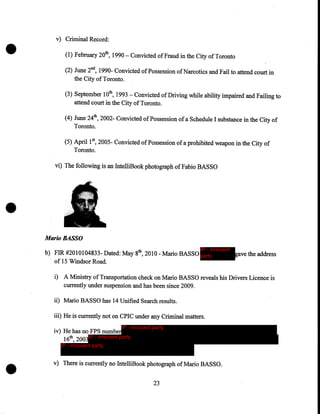 •

v) Criminal Record:

(I) February 20th, 1990- Convicted of Fraud in the City of Toronto
(2) June 2nd, 1990- Convicted of Possession of Narcotics and Fail to attend court in
the City of Toronto.
(3) September lOth, 1993- Convicted of Driving while ability impaired and Failing to
attend court in the City of Toronto.
(4) June 24th, 2002- Convicted ofPossession of a Schedule I substance in the City of
Toronto.
(5) April 1st, 2005- Convicted of Possession of a prohibited weapon in the City of
Toronto.
vi) The following is an IntelliBook photograph of Fabio BASSO

•
Mario BASSO
IP - innocent

b) FIR #2010104833- Dated: May 8th, 2010- Mario BASSO party
of 15 Windsor Road.

gave the address

i) A Ministry of Transportation check on Mario BASSO reveals his Drivers Licence is
currently under suspension and has been since 2009.
ii) Mario BASSO has 14 Unified Search.results.
iii) He is currently not on CPIC under any Criminal matters.
IP - innocent party

iv) He has no FPS number
IP - innocent party
16th, 2003
IP - innocent party

v) There is currently no IntelliBook photograph of Mario BASSO.
23

 