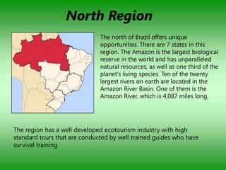 North Region
                              The north of Brazil offers unique
                              opportunities. There are 7 states in this
                              region. The Amazon is the largest biological
                              reserve in the world and has unparalleled
                              natural resources, as well as one third of the
                              planet's living species. Ten of the twenty
                              largest rivers on earth are located in the
                              Amazon River Basin. One of them is the
                              Amazon River, which is 4,087 miles long.




The region has a well developed ecotourism industry with high
standard tours that are conducted by well trained guides who have
survival training.
 