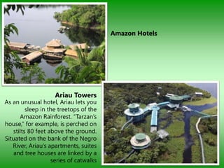 Amazon Hotels




                    Ariau Towers
As an unusual hotel, Ariau lets you
         sleep in the treetops of the
      Amazon Rainforest. “Tarzan‟s
house,” for example, is perched on
   stilts 80 feet above the ground.
Situated on the bank of the Negro
   River, Ariau‟s apartments, suites
   and tree houses are linked by a
                   series of catwalks
 