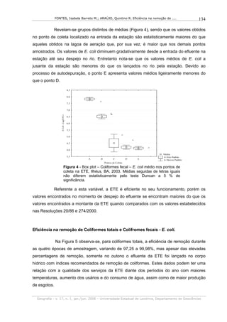 FONTES, Isabela Barreto M.; ARAÚJO, Quintino R. Eficiência na remoção de ....                134

            Revelam-se grupos distintos de médias (Figura 4), sendo que os valores obtidos
no ponto de coleta localizado na entrada da estação são estatisticamente maiores do que
aqueles obtidos na lagoa de aeração que, por sua vez, é maior que nos demais pontos
amostrados. Os valores de E. coli diminuem gradativamente desde a entrada do efluente na
estação até seu despejo no rio. Entretanto nota-se que os valores médios de E. coli a
jusante da estação são menores do que os lançados no rio pela estação. Devido ao
processo de autodepuração, o ponto E apresenta valores médios ligeiramente menores do
que o ponto D.

                                      8,5


                                      8,0


                                      7,5
                                                  a

                                      7,0

                                                           b
                  E.Coli - Log(UFC)




                                      6,5


                                      6,0


                                      5,5


                                      5,0                            c
                                                                             c
                                      4,5


                                      4,0
                                                                                     c
                                                                                         Média
                                      3,5                                                ± Erro Padrão
                                            A     B            C         D       E       ± Desvio Padrão
                                                      Pontos de Coleta

                             Figura 4 - Box plot – Coliformes fecal – E. coli médio nos pontos de
                             coleta na ETE, Ilhéus, BA, 2003. Médias seguidas de letras iguais
                             não diferem estatisticamente pelo teste Duncan a 5 % de
                             significância.

            Referente a esta variável, a ETE é eficiente no seu funcionamento, porém os
valores encontrados no momento de despejo do efluente se encontram maiores do que os
valores encontrados a montante da ETE quando comparados com os valores estabelecidos
nas Resoluções 20/86 e 274/2000.



Eficiência na remoção de Coliformes totais e Colifromes fecais - E. coli.

              Na Figura 5 observa-se, para coliformes totais, a eficiência de remoção durante
as quatro épocas de amostragem, variando de 97,25 a 99,98%, mas apesar das elevadas
percentagens de remoção, somente no outono o efluente da ETE foi lançado no corpo
hídrico com índices recomendados de remoção de coliformes. Estes dados podem ter uma
relação com a qualidade dos serviços da ETE diante dos períodos do ano com maiores
temperaturas, aumento dos usários e do consumo de água, assim como de maior produção
de esgotos.


  Geografia - v. 17, n. 1, jan./jun. 2008 – Universidade Estadual de Londrina, Departamento de Geociências
 