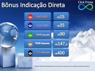 *Receba 10% de bonificação pelo valor referente ao pacote que seu indicado diretamente adquirir.
 