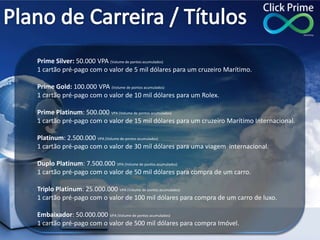 Prime Silver: 50.000 VPA (Volume de pontos acumulados)
1 cartão pré-pago com o valor de 5 mil dólares para um cruzeiro Marítimo.
Prime Gold: 100.000 VPA (Volume de pontos acumulados)
1 cartão pré-pago com o valor de 10 mil dólares para um Rolex.
Prime Platinum: 500.000 VPA (Volume de pontos acumulados)
1 cartão pré-pago com o valor de 15 mil dólares para um cruzeiro Marítimo Internacional.
Platinum: 2.500.000 VPA (Volume de pontos acumulados)
1 cartão pré-pago com o valor de 30 mil dólares para uma viagem internacional.
Duplo Platinum: 7.500.000 VPA (Volume de pontos acumulados)
1 cartão pré-pago com o valor de 50 mil dólares para compra de um carro.
Triplo Platinum: 25.000.000 VPA (Volume de pontos acumulados)
1 cartão pré-pago com o valor de 100 mil dólares para compra de um carro de luxo.
Embaixador: 50.000.000 VPA (Volume de pontos acumulados)
1 cartão pré-pago com o valor de 500 mil dólares para compra Imóvel.
 