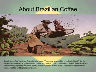 About Brazilian Coffee

Brazil is a coffee giant . As Frank Sinatra sang, "They grow an awful lot of coffee in Brazil". It's the
largest producer of low grade arabica coffee, and a lot of Conilon robusta too. Brazil: there is some in
almost every espresso you drink. In fact, some espresso is 90% Brazil. And there is Brazil in most
canned coffee and big roasters' blends.

 