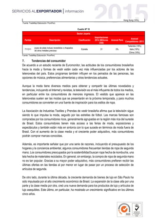 Hong Kong (16%)
Fuente: TradeMap Elaboración: PromPerú
Cuadro Nª 10
Sector Joyeria
Partida Descripciòn Clasificación
Importaciones
2014 (Millones
US$)
Arancel Perú
Arancel
Competidores -2013
711311
joyas de plata incluso revestidos o chapados
de otros metales precioso
Estrella 31 0%
Tailandia (18%)
Italia (18%)
China (18%)
Fuente: TradeMap Elaboración: PromPerú
7. Tendencias del consumidor
De acuerdo a un estudio reciente de Euromonitor, las actitudes de los consumidores brasileños
hacia la moda y formas de vestir están cada vez más influenciadas por los actores de las
telenovelas del país. Estos programas también influyen en los peinados de las personas, las
opciones de música, preferencias alimentarias y otras tendencias actuales.
Aunque la moda tiene diversos medios para obtener y compartir las últimas novedades y
tendencias, incluyendo el Internet y revistas, la televisión es el más influyente de todos los medios,
en particular entre los consumidores de menores ingresos. El vestido que aparece en las
telenovelas suelen ser las modas que se presentarán en la próxima temporada, y para muchos
consumidores se convierten en una fuente de inspiración para los estilos de ropa.
La Asociación de Industrias Textiles y Prendas de vestir brasileña afirma que la televisión sigue
siendo lo que impulsa la moda, seguido por las estrellas de fútbol. Las marcas famosas son
compradas por los consumidores ricos, generalmente agrupadas en la región más rica del sureste
de Brasil. Estos consumidores tienen más acceso a las ferias de moda, exposiciones y
espectáculos y también están más en sintonía con lo que sucede en términos de moda fuera de
Brasil. Con el aumento de la clase media y el creciente poder adquisitivo, más consumidores
podrán comprar marcas conocidas.
Además, es importante señalar que por una serie de razones, incluyendo el presupuesto de los
hogares y la conciencia ambiental, algunos consumidores frecuentan tiendas de ropa de segunda
mano. Los consumidores preocupados por la sostenibilidad buscan ropa hecha de kombucha, una
tela hecha de materiales reciclados. En general, sin embargo, la compra de ropa de segunda mano
no es tan popular. Gracias a su mayor poder adquisitivo, más consumidores prefieren recibir las
últimas ofertas en las tiendas al por menor en lugar de pasar por un proceso de selección de
artículos de segunda.
De otro lado, durante la última década, la creciente demanda de bienes de lujo en São Paulo ha
sido impulsada por el alto crecimiento económico de Brasil. La expansión de la clase alta por una
parte y la clase media por otra, creó una nueva demanda para los productos de lujo y artículos de
lujo asequibles. Este último, en particular, ha mostrado un crecimiento significativo en los últimos
cinco años.
 