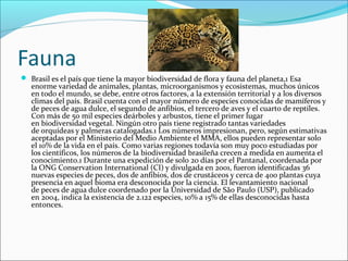 Fauna
 Brasil es el país que tiene la mayor biodiversidad de flora y fauna del planeta,1 Esa 
enorme variedad de animales, plantas, microorganismos y ecosistemas, muchos únicos 
en todo el mundo, se debe, entre otros factores, a la extensión territorial y a los diversos 
climas del país. Brasil cuenta con el mayor número de especies conocidas de mamíferos y 
de peces de agua dulce, el segundo de anfibios, el tercero de aves y el cuarto de reptiles. 
Con más de 50 mil especies deárboles y arbustos, tiene el primer lugar 
en biodiversidad vegetal. Ningún otro país tiene registrado tantas variedades 
de orquídeas y palmeras catalogadas.1 Los números impresionan, pero, según estimativas 
aceptadas por el Ministerio del Medio Ambiente el MMA, ellos pueden representar solo 
el 10% de la vida en el país. Como varias regiones todavía son muy poco estudiadas por 
los científicos, los números de la biodiversidad brasileña crecen a medida en aumenta el 
conocimiento.1 Durante una expedición de solo 20 días por el Pantanal, coordenada por 
la ONG Conservation International (CI) y divulgada en 2001, fueron identificadas 36 
nuevas especies de peces, dos de anfibios, dos de crustáceos y cerca de 400 plantas cuya 
presencia en aquel bioma era desconocida por la ciencia. El levantamiento nacional 
de peces de agua dulce coordenado por la Universidad de São Paulo (USP), publicado 
en 2004, indica la existencia de 2.122 especies, 10% a 15% de ellas desconocidas hasta 
entonces.
 