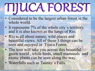 • Considered to be the largest urban forest in the
whole world.
• It represents 7% of the whole city`s territory,
and it is also known as the lungs of Rio.
• Rio is all about nature, wild places and
beautiful views. All of these 3 things can be
seen and enjoyed in Tijuca Forest.
• The tour will take you across this beautiful
green world , while birds, small mammals and
exotic plants can be seen along the way.
• Waterfalls such as Taunay`s Falls.
 