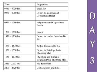 Time Programme
0830 – 0930 hrs Breakfast
0930 – 0950 hrs Depart to Ipanema and
Copacabana Beach
0950 – 1200 hrs to Ipanema and Copacabana
Beach
1200 – 1330 hrs Lunch
1330 – 1350 hrs Depart to Jardim Botanico Do
Rio
1350 - 1530 hrs Jardim Botanico Do Rio
1530 – 1550 hrs Depart to Botafoga Praia
Shopping Mall
1550 - 2030 hrs Shopping and dinner at
Botafoga Praia Shopping Mall
2030 - 2200 hrs Rio Scenerium
2200 – 2320 hrs Go back hotel and Rest
 