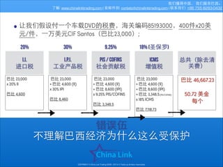 我们懂得中国， 我们服务巴⻄西。
了解: www.chinalinktrading.com | 发邮件到: contato@chinalinktrading.com | 联系我们: +86 755 8283-0432

• 让我们假设付⼀一个⻋车载DVD的税费，海关编码85193000，400件x20美
元/件，⼀一万美元CIF Santos（巴⽐比23,000）;
20%

30%

9.25%

18% (圣保罗)

I.I.
进⼝口税

I.P.I.
⼯工业产品税

PIS / COFINS
社会贡献税

icms
增值税

总共（除去清
关费）

巴⽐比 23,000
+ 巴⽐比 4,600 (II)
+ 巴⽐比 8,600 (IPI)
+ 巴⽐比 3,348.5 (PIS/COFINS)
x 18% ICMS

巴⽐比 46,667.23
!
50.72 美⾦金
每个

巴⽐比 23,000
x 20% II

!

巴⽐比 4,600

巴⽐比 23,000
+ 巴⽐比 4,600 (II)
x 30% IPI

!

巴⽐比 8,460

巴⽐比 23,000
+ 巴⽐比 4,600 (II)
+ 巴⽐比 8,600 (IPI)
x 9.25% PIS/COFINS

!

巴⽐比 3,348.5

!

巴⽐比 7,118.73

错误伍
不理解巴⻄西经济为什么这么受保护
COPYRIGHT © China Link Trading 2008 - 2014 © Todos os direitos reservados

 