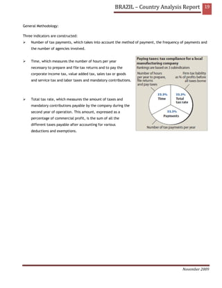 BRAZIL – Country Analysis Report 19


General Methodology:

Three indicators are constructed:
    Number of tax payments, which takes into account the method of payment, the frequency of payments and
    the number of agencies involved.


    Time, which measures the number of hours per year
    necessary to prepare and file tax returns and to pay the
    corporate income tax, value added tax, sales tax or goods
    and service tax and labor taxes and mandatory contributions.




    Total tax rate, which measures the amount of taxes and
    mandatory contributions payable by the company during the
    second year of operation. This amount, expressed as a
    percentage of commercial profit, is the sum of all the
    different taxes payable after accounting for various
    deductions and exemptions.




                                                                                           November 2009
 