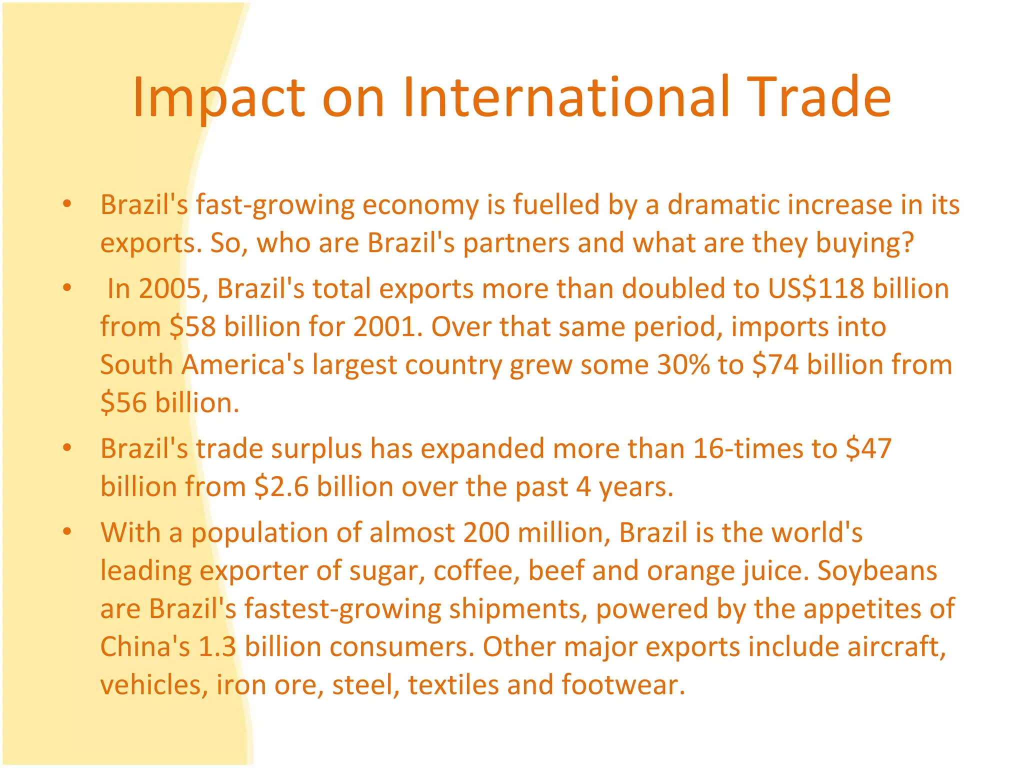 Impact on International Trade Brazil's fast-growing economy is fuelled by a dramatic increase in its exports. So, who are Brazil's partners and what are they buying?   In 2005, Brazil's total exports more than doubled to US$118 billion from $58 billion for 2001. Over that same period, imports into South America's largest country grew some 30% to $74 billion from $56 billion. Brazil's trade surplus has expanded more than 16-times to $47 billion from $2.6 billion over the past 4 years. With a population of almost 200 million, Brazil is the world's leading exporter of sugar, coffee, beef and orange juice. Soybeans are Brazil's fastest-growing shipments, powered by the appetites of China's 1.3 billion consumers. Other major exports include aircraft, vehicles, iron ore, steel, textiles and footwear. 