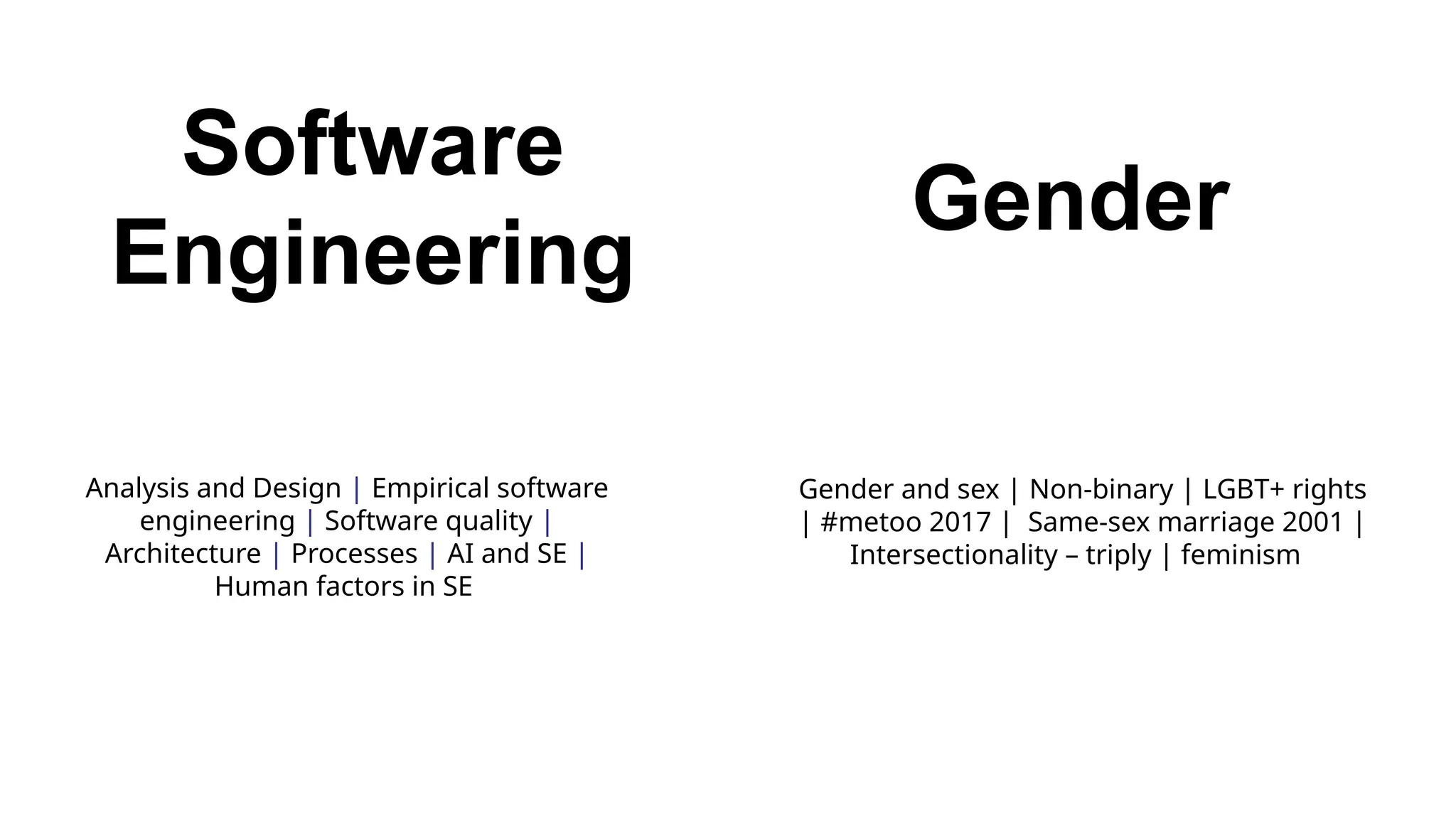Software
Engineering
Gender
Analysis and Design | Empirical software
engineering | Software quality |
Architecture | Processes | AI and SE |
Human factors in SE
Gender and sex | Non-binary | LGBT+ rights
| #metoo 2017 | Same-sex marriage 2001 |
Intersectionality – triply | feminism
 