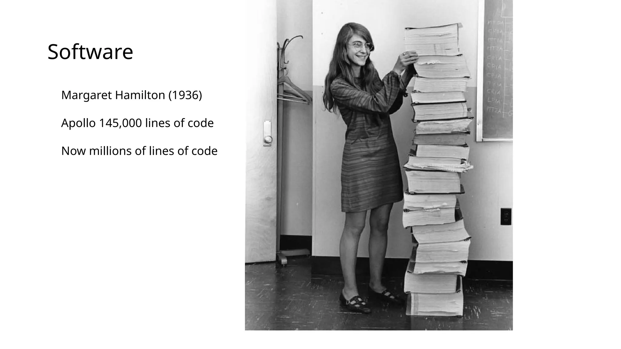 Software
Margaret Hamilton (1936)
Apollo 145,000 lines of code
Now millions of lines of code
 