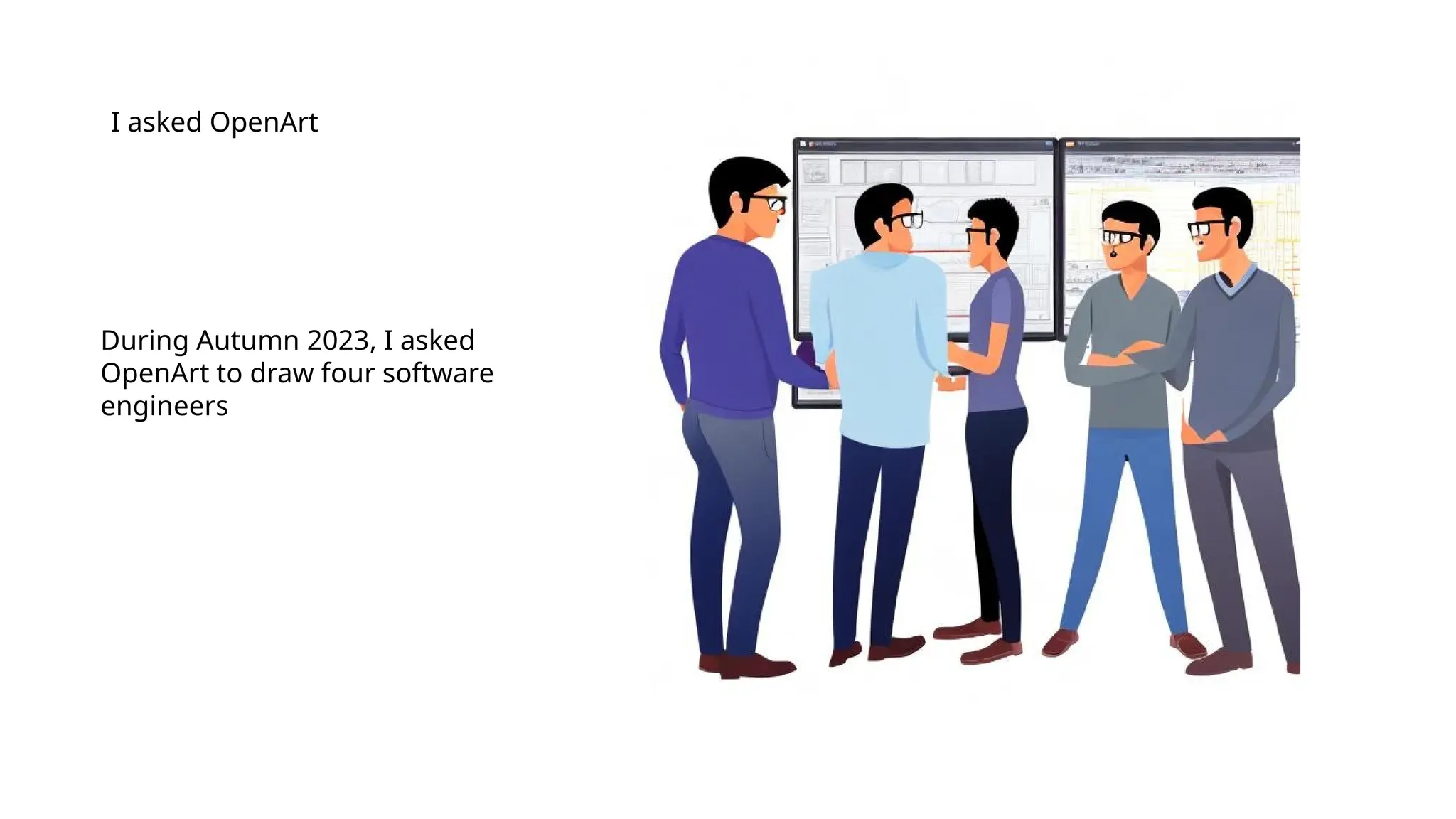 During Autumn 2023, I asked
OpenArt to draw four software
engineers
I asked OpenArt
 
