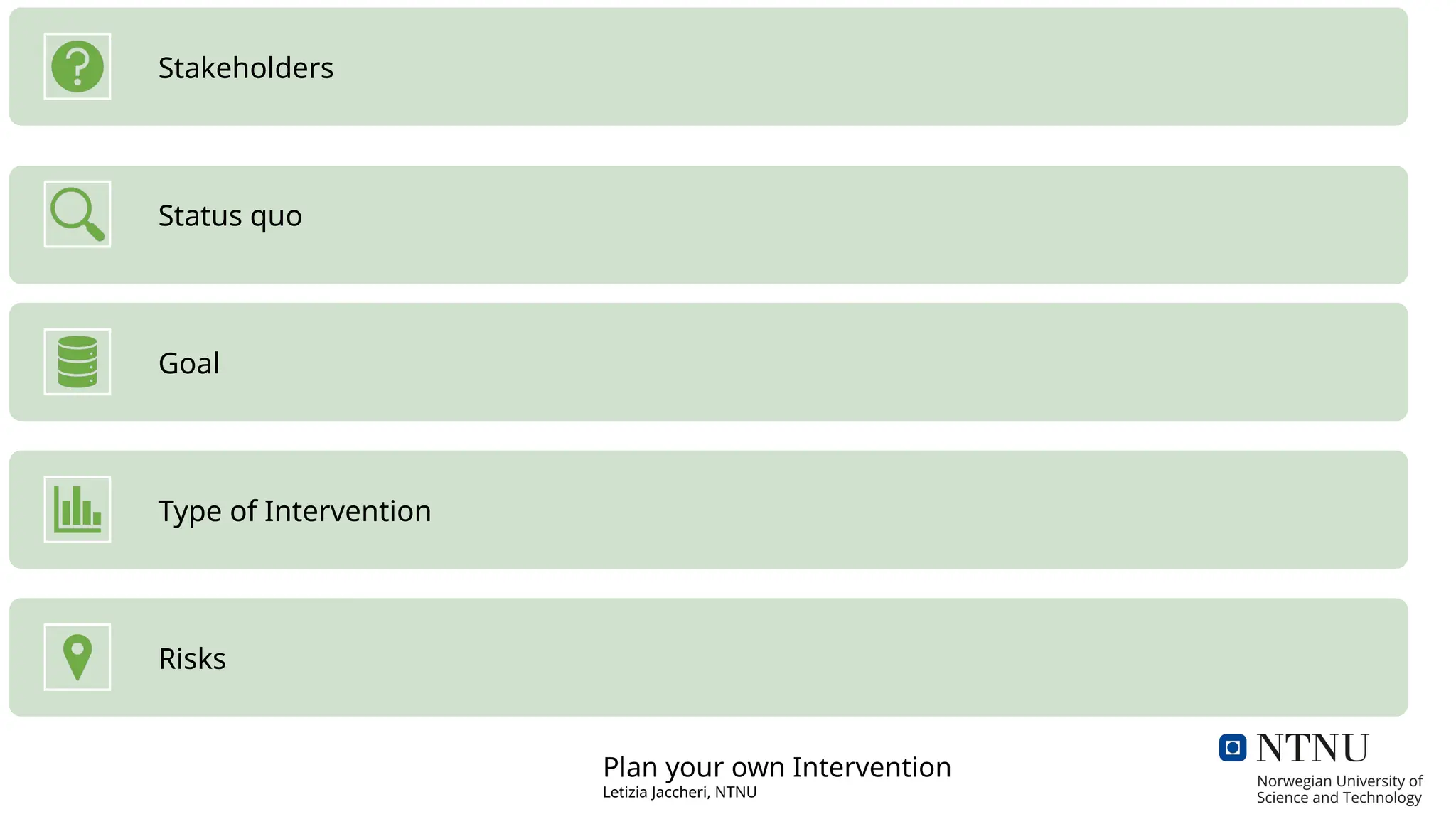 Stakeholders
Status quo
Goal
Type of Intervention
Risks
Plan your own Intervention
Letizia Jaccheri, NTNU
 
