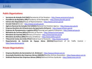 Links 
Public Organizations: 
• Secretaria de Aviação Civil (SAC)/Secretariat of Civil Aviation – http://www.aviacaocivil.gov.br 
• Presidência da República (PR)/Presidency of the Reopublic – http://www.planalto.gov.br 
• Câmara dos Deputados/House of Representatives – http://www.camara.gov.br 
• Senado Federal/Senate – http://www.senado.gov.br 
• Agência Nacional de Aviação Civil (ANAC)/National Civil Aviation Agency – http://www.anac.gov.br 
• Empresa Brasileira de Infraestrutura Aeroportuária (Infraero) – http://www.infraero.gov.br 
• Empresa de Planejamento e Logística (EPL)/Planning and Logistics Enterprise – http://www.epl.gov.br 
• Ministério do Turismo (MTur)/Ministry of Tourism – http://www.turismo.gov.br 
• Ministério da Fazenda (MF)/Ministry of Finance – http://www.fazenda.gov.br 
• Ministério da Defesa (MD)/Ministry of Defense – http://www.defesa.gov.br 
• Tribunal de Contas da União (TCU)/Federal Court of Accounts – http://www.tcu.gov.br 
• Departamento de Controle do Espaço Aéreo (DECEA)/Department of Air Traffic Control – 
http://www.decea.gov.br 
Private Organizations: 
• Empresa Brasileira de Aeronáutica S.A. (Embraer) – http://www.embraer.com.br 
• Associação Brasileira das Empresas Aéreas (ABEAR)/Brazilian Airlines Association – http://www.abear.com.br 
• Sindicato Nacional das Empresas Aéreas (SNEA)/National Airlines Syndicate – http://www.snea.com.br 
Throughout 
airports 
 