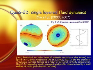 Quasi-2D, single layered  fluid dynamics  [Left] Equatorial and polar views of potential vorticity (a ﬂow tracer) in a speciﬁc hot Jupiter model from Cho et al. (2003, 2007). Note the prominent circumpolar vortices formed as a result of potential vorticity conservation. [Right] Corresponding zonally averaged wind proﬁle, characterized by a small number of broad jets (three in this case).  Fig 3 of Showman, Menou & Cho (2007) Cho et al. (2003, 2007) 