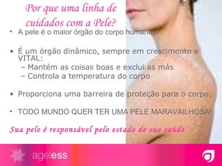 Por que uma linha de cuidados com a Pele? A pele é o maior órgão do corpo humano; É um órgão dinâmico, sempre em crescimento e VITAL: Mantém as coisas boas e exclui as más Controla a temperatura do corpo Proporciona uma barreira de proteção para o corpo; TODO MUNDO QUER TER UMA PELE MARAVAILHOSA! Sua pele é responsável pelo estado de sua saúde. 