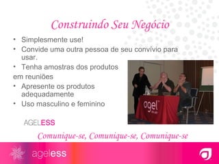 Construindo Seu Negócio Simplesmente use! Convide uma outra pessoa de seu convívio para usar. Tenha amostras dos produtos em reuniões Apresente os produtos  adequadamente Uso masculino e feminino Comunique-se, Comunique-se, Comunique-se 