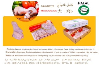 DRUMMETTE
MEDIODEALA 大 鸡b
Coxinha da as-a Especicação: Produto em bandeja 450gr x 12 unidades. Caixa: 10,8kg. Interfolhado. Caixa com 15
Drummette -Specication: Product available on 450gr trays with 12 units in a carton of 10.8kg. Layerpacked 15kg per carton.
Medio de ala-Especicación: Producto en bandeja 450gr con 12 unidades. Caja:10,8kg. Interfollado: caja 15kg.
大 鸡b - 规格:产品在托盘, 450克, 12个单ƒ箱体采用10,8千克。 错产品。箱 体采用15千克。
 