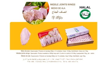 MIDDLE JOINTS WINGS
MEDIO DE ALA
半鸡b
Meio da asa- Especicação: Produto em bandeja 900gr x 12 unidades. Caixa: 10,8kg. Interfolhado. Caixa com 15kg.
Middle joints wings- Specication: Product available on 900gr trays with 12 units in a carton of 10.8kg. Layerpacked 15kg per carton.
Medio de ala- Especicación: Producto en bandeja 900gr con 12 unidades. Caja:10,8kg. Interfollado: caja 15kg.
半鸡b- 规格：产品在托盘, 900克, 12个单ƒ箱体采用10,8千克。 错产品。箱体 采用15千克。
 