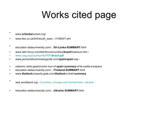 Works cited page www. srilanka tourism.org/   www.bbc.co.uk/2/hi/south_asia /.../1168427.stm   education.stateuniversity.com/.../ Sri - Lanka - SUMMARY .html   www.latin-focus.com/latinfocus/countries/ brazil /braeisum.htm  - www.usig.org/countryinfo/PDF/ Brazil .pdf www.personalbusinesstaxguide.com/ spain / spain .asp  -  catavino.net/a-gastronomic-tour-of- spain - summary -of-la-vuelta-a-espana   education.stateuniversity.com/.../ Thailand - SUMMARY .html www. thailand -property-gate.com/ thailand -a-brief- summary   web.worldbank.org ›  Countries  ›  Europe and Central Asia  ›  Ukraine   education.stateuniversity.com/.../ Ukraine - SUMMARY .html 