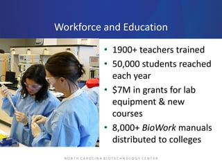 Workforce and Education
• 1900+ teachers trained
• 50,000 students reached
each year
• $7M in grants for lab
equipment & n...