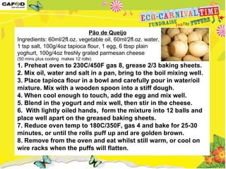 Pão de Queijo       Ingredients: 60ml/2fl.oz. vegetable oil, 60ml/2fl.oz. water, 1 tsp salt, 100g/4oz tapioca flour, 1 egg, 6 tbsp plain  yoghurt, 100g/4oz freshly grated parmesan cheese  (50 mins plus cooling  makes 12 rolls)  1. Preheat oven to 230C/450F gas 8, grease 2/3 baking sheets. 2. Mix oil, water and salt in a pan, bring to the boil mixing well.  3. Place tapioca flour in a bowl and carefully pour in water/oil mixture. Mix with a wooden spoon into a stiff dough. 4. When cool enough to touch, add the egg and mix well.  5. Blend in the yogurt and mix well, then stir in the cheese. 6.  With lightly oiled hands,  form the mixture into 12 balls and place well apart on the greased baking sheets.  7. Reduce oven temp to 180C/350F, gas 4 and bake for 25-30 minutes, or until the rolls puff up and are golden brown.   8. Remove from the oven and eat whilst still warm, or cool on wire racks when the puffs will flatten .   