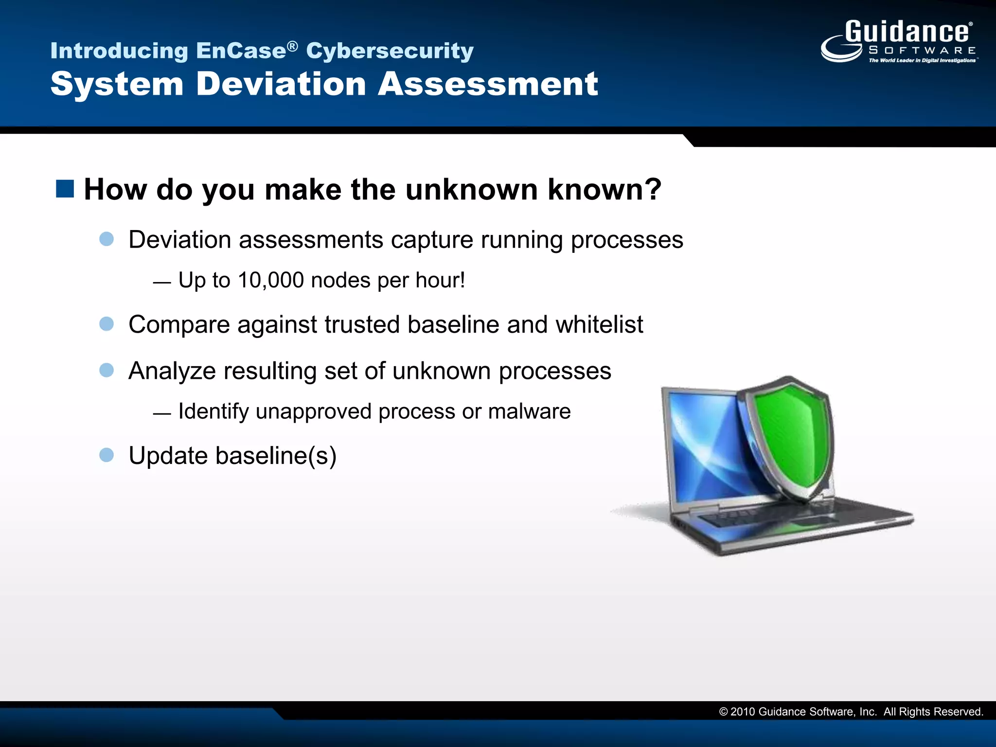 Network-enabled Incident Response How it WorksYou’ve Been Compromised!EnCase Cybersecurity collects data from potentially affected machines for analysis……Which are then compared to the appropriate pre-defined system profiles…And further culled down by comparison to included whitelist databaseThe resulting confirmed malware is used as a basis for exact and near match scans in order to locate and remove the threat network-wide. This is where Entropy takes charge…The resulting set is analyzed against potentially relevant running processesLeaving a small set of highpriority binaries for deep analysis100110101