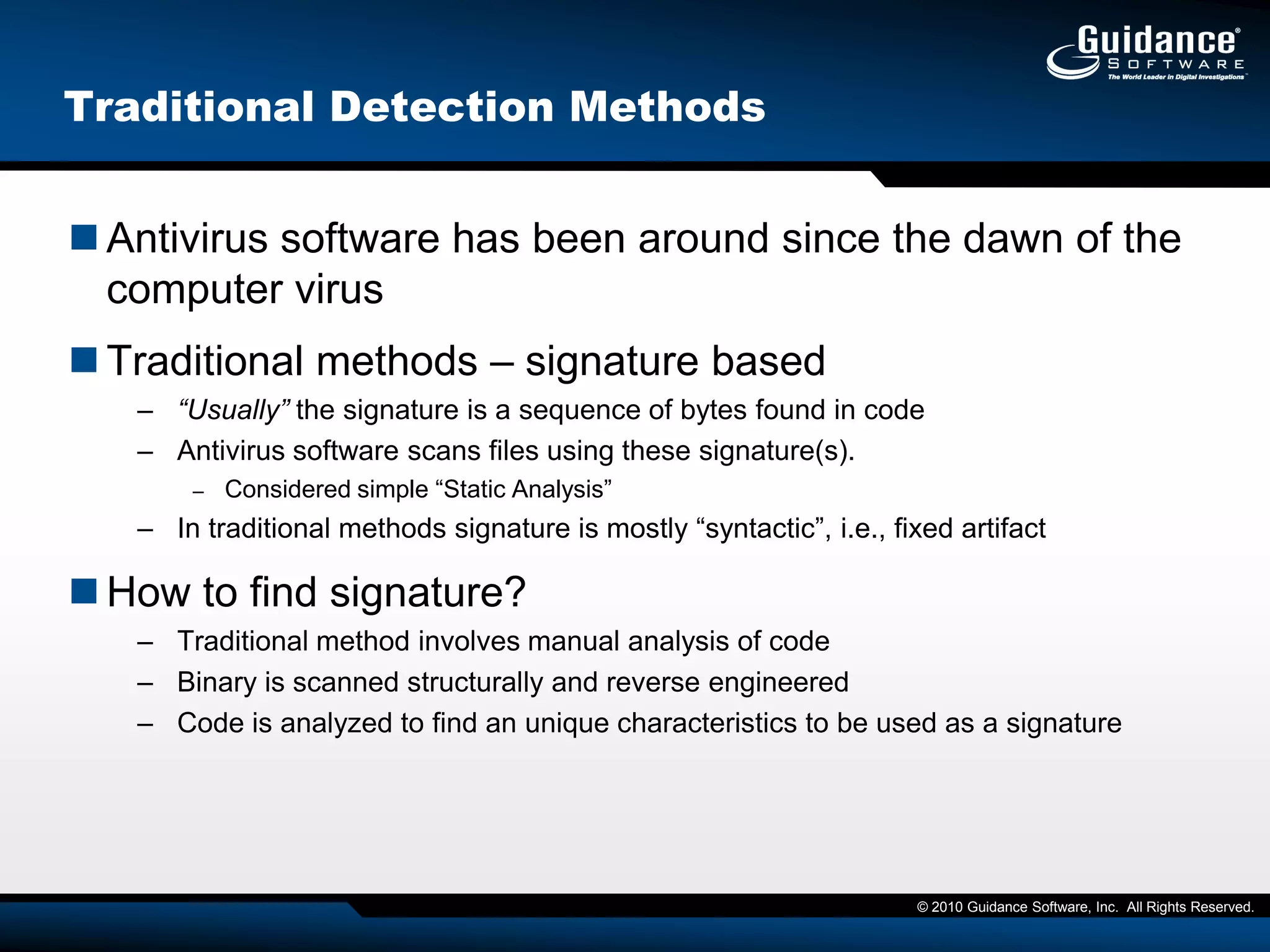 System Deviation AssessmentHow It WorksSystem Deviation AssessmentRegularly scheduled, rapid scans for anomalies across a range of endpointsRunning processes are gathered at lightning speed – up to 10,000 nodes per hour…And are then compared to the appropriate customer defined profiles…And further culled down by comparison to included whitelisting databaseGood processes can be added to the trusted profile(s).  Unapproved processes can be remediated.Leaving a small set of processesfor further analysis100110101