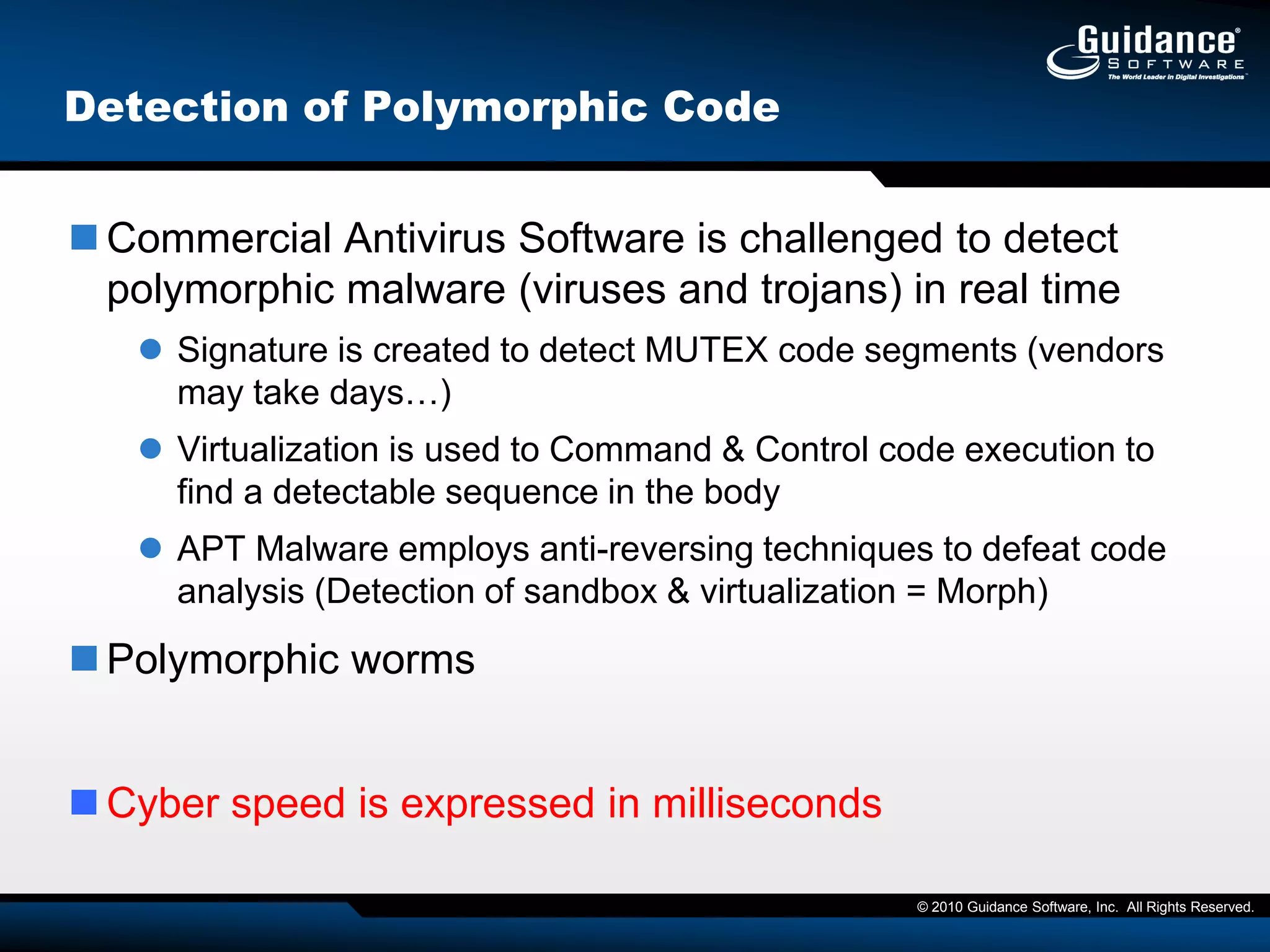How it Works…Maximize Operational ResourcesCode AnalysisFurther analysis of the malicious code to determine the full extent of the threat to the enterprise.  Calculate Entropy value to find polymorphic iterations and remediate the threatTriageAfter basic analysis confirms the activity of the suspicious code, core functionality is used to further investigate the incident. (What? When? Who? How?)RAM AnalysisIf code is found to be out of profile, Snapshot and other analysis is done to determine if suspicious code is a threatSystem Profile and Analysis with Bit9Alert comes in and first response is to see if any code is out of profile on system(s) -- (RUN THIS DAILY)