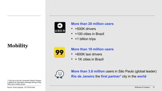 McKinsey & Company 37
More than 20 million users
• +500K drivers
• +100 cities in Brazil
• +1 billion trips
More than 18 million users
• +600K taxi drivers
• + 1K cities in Brazil
More than 3.8 million users in São Paulo (global leader)
Rio de Janeiro the first partner1 city in the world
Mobility
1 First city to join the Connected Citizens Program,
a platform for information exchange aiming to help
cities solve mobility issues
Source: Press clippings, 2017/2018 data
 