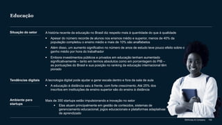 McKinsey & Company 152
Educação
A história recente da educação no Brasil diz respeito mais à quantidade do que à qualidade
▪ Apesar do número recorde de alunos nos ensinos médio e superior, menos de 40% da
população completou o ensino médio e mais de 10% são analfabetos
▪ Além disso, um aumento significativo no número de anos de estudo teve pouco efeito sobre o
ganho médio por hora do trabalhador
Situação do setor
Tendências digitais
Ambiente para
startups
▪ Embora investimentos públicos e privados em educação tenham aumentado
significativamente – tanto em termos absolutos como em porcentagem do PIB –
as pontuações do Brasil e sua posição no ranking da educação internacional têm
piorado
A tecnologia digital pode ajudar a gerar escala dentro e fora da sala de aula
▪ A educação à distância saiu à frente, com forte crescimento. Até 25% dos
inscritos em instituições de ensino superior são do ensino à distância
Mais de 350 startups estão impulsionando a inovação no setor
▪ Elas atuam principalmente em gestão de conteúdos, sistemas de
gerenciamento educacional, jogos educacionais e plataformas adaptativas
de aprendizado
 