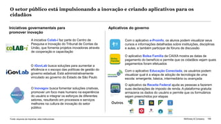 McKinsey & Company 169
O setor público está impulsionando a inovação e criando aplicativos para os
cidadãos
O iGovLab busca soluções para aumentar a
eficiência e o escopo das políticas de gestão do
governo estadual. Está administrativamente
vinculado ao governo do Estado de São Paulo
A iniciativa Colab-i faz parte do Centro de
Pesquisa e Inovação do Tribunal de Contas da
União, que fomenta projetos inovadoras através
de cooperação e capacitação
O Inovagov busca fomentar soluções criativas,
promover um foco mais humano na experiência
do usuário e integrar os esforços de diferentes
setores, resultando em processos e serviços
melhores na cultura de inovação do setor
público
Fonte: arquivos da imprensa; sites institucionais
Iniciativas governamentais para
promover inovação
Aplicativos do governo
O aplicativo Bolsa Família da CAIXA mostra as datas de
pagamento do benefício e permite que os cidadãos vejam quais
pagamentos foram efetuados
Com o aplicativo e-Proinfo, os alunos podem visualizar seus
cursos e informações detalhadas sobre instituições, disciplinas
e aulas, e também participar de fóruns de discussão
Com o aplicativo Educação Conectada, os usuários podem
visualizar qual é a etapa de adoção de tecnologia de uma
escola: emergente, básica, intermediária ou avançada
O aplicativo da Receita Federal ajuda as pessoas a fazerem
suas declarações de imposto de renda. A plataforma gratuita
armazena os dados do usuário e permite que os formulários
sejam preenchidos por etapas
Outros
 