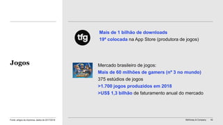 McKinsey & Company 42
Mais de 1 bilhão de downloads
19ª colocada na App Store (produtora de jogos)
Mercado brasileiro de jogos:
Mais de 60 milhões de gamers (nº 3 no mundo)
375 estúdios de jogos
>1.700 jogos produzidos em 2018
>US$ 1,3 bilhão de faturamento anual do mercado
Jogos
Fonte: artigos da imprensa, dados de 2017/2018
 