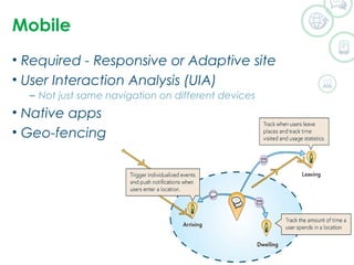 Mobile 
• Required - Responsive or Adaptive site 
• User Interaction Analysis (UIA) 
– Not just same navigation on different devices 
• Native apps 
• Geo-fencing 
 