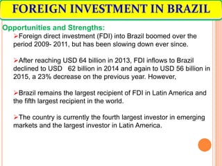 Opportunities and Strengths:
Foreign direct investment (FDI) into Brazil boomed over the
period 2009- 2011, but has been slowing down ever since.
After reaching USD 64 billion in 2013, FDI inflows to Brazil
declined to USD 62 billion in 2014 and again to USD 56 billion in
2015, a 23% decrease on the previous year. However,
Brazil remains the largest recipient of FDI in Latin America and
the fifth largest recipient in the world.
The country is currently the fourth largest investor in emerging
markets and the largest investor in Latin America.
FOREIGN INVESTMENT IN BRAZIL
 