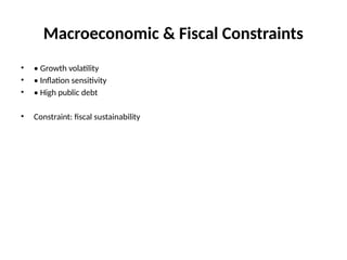 Macroeconomic & Fiscal Constraints
• • Growth volatility
• • Inflation sensitivity
• • High public debt
• Constraint: fiscal sustainability
 