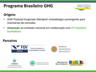 Programa Brasileiro GHG
Origens
• GHG Protocol Corporate Standard: metodologia convergente para
  inventários de emissões
• Adaptação ao contexto nacional em colaboração com 27 membros
  fundadores


Parceiros
 