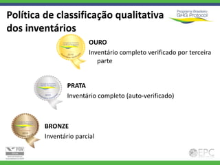 Política de classificação qualitativa
dos inventários
                        OURO
                        Inventário completo verificado por terceira
                           parte


                PRATA
                Inventário completo (auto-verificado)



        BRONZE
        Inventário parcial
 