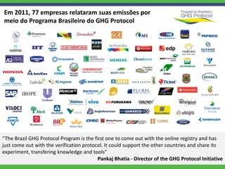 Em 2011, 77 empresas relataram suas emissões por
meio do Programa Brasileiro do GHG Protocol




“The Brazil GHG Protocol Program is the first one to come out with the online registry and has
just come out with the verification protocol. It could support the other countries and share its
experiment, transfering knowledge and tools”
                                          Pankaj Bhatia - Director of the GHG Protocol Initiative
 