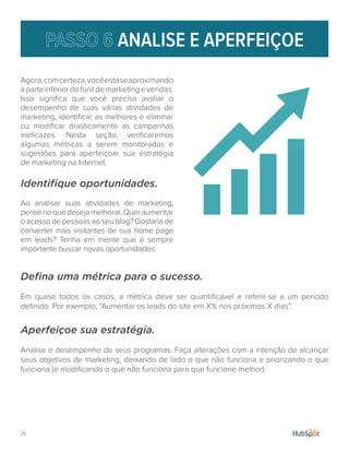 25.
ANALISE E APERFEIÇOE
Agora,comcerteza,vocêestáseaproximando
àparteinferiordofunildemarketingevendas.
Isso significa que você precisa avaliar o
desempenho de suas várias atividades de
marketing, identificar as melhores e eliminar
ou modificar drasticamente as campanhas
ineficazes. Nesta seção, verificaremos
algumas métricas a serem monitoradas e
sugestões para aperfeiçoar sua estratégia
de marketing na Internet.
Identifique oportunidades.
Ao analisar suas atividades de marketing,
pensenoquedesejamelhorar.Queraumentar
o acesso de pessoas ao seu blog? Gostaria de
converter mais visitantes de sua home page
em leads? Tenha em mente que é sempre
importante buscar novas oportunidades.
Defina uma métrica para o sucesso.
Em quase todos os casos, a métrica deve ser quantificável e referir-se a um período
definido. Por exemplo, “Aumentar os leads do site em X% nos próximos X dias”.
Aperfeiçoe sua estratégia.
Analise o desempenho de seus programas. Faça alterações com a intenção de alcançar
seus objetivos de marketing, deixando de lado o que não funciona e priorizando o que
funciona (e modificando o que não funciona para que funcione melhor).
 