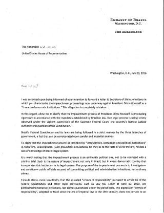 Carta do embaixador Luiz Alberto Figueiredo aos congressistas americanos