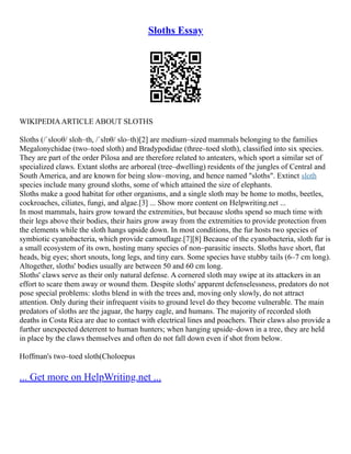 Sloths Essay
WIKIPEDIAARTICLE ABOUT SLOTHS
Sloths (/ˈsloʊθ/ sloh–th, /ˈslɒθ/ slo–th)[2] are medium–sized mammals belonging to the families
Megalonychidae (two–toed sloth) and Bradypodidae (three–toed sloth), classified into six species.
They are part of the order Pilosa and are therefore related to anteaters, which sport a similar set of
specialized claws. Extant sloths are arboreal (tree–dwelling) residents of the jungles of Central and
South America, and are known for being slow–moving, and hence named "sloths". Extinct sloth
species include many ground sloths, some of which attained the size of elephants.
Sloths make a good habitat for other organisms, and a single sloth may be home to moths, beetles,
cockroaches, ciliates, fungi, and algae.[3] ... Show more content on Helpwriting.net ...
In most mammals, hairs grow toward the extremities, but because sloths spend so much time with
their legs above their bodies, their hairs grow away from the extremities to provide protection from
the elements while the sloth hangs upside down. In most conditions, the fur hosts two species of
symbiotic cyanobacteria, which provide camouflage.[7][8] Because of the cyanobacteria, sloth fur is
a small ecosystem of its own, hosting many species of non–parasitic insects. Sloths have short, flat
heads, big eyes; short snouts, long legs, and tiny ears. Some species have stubby tails (6–7 cm long).
Altogether, sloths' bodies usually are between 50 and 60 cm long.
Sloths' claws serve as their only natural defense. A cornered sloth may swipe at its attackers in an
effort to scare them away or wound them. Despite sloths' apparent defenselessness, predators do not
pose special problems: sloths blend in with the trees and, moving only slowly, do not attract
attention. Only during their infrequent visits to ground level do they become vulnerable. The main
predators of sloths are the jaguar, the harpy eagle, and humans. The majority of recorded sloth
deaths in Costa Rica are due to contact with electrical lines and poachers. Their claws also provide a
further unexpected deterrent to human hunters; when hanging upside–down in a tree, they are held
in place by the claws themselves and often do not fall down even if shot from below.
Hoffman's two–toed sloth(Choloepus
... Get more on HelpWriting.net ...
 