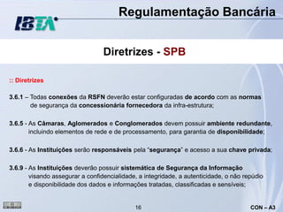 Regulamentação Bancária


                                  Diretrizes - SPB

:: Diretrizes

3.6.1 – Todas conexões da RSFN deverão estar configuradas de acordo com as normas
        de segurança da concessionária fornecedora da infra-estrutura;

3.6.5 - As Câmaras, Aglomerados e Conglomerados devem possuir ambiente redundante,
        incluindo elementos de rede e de processamento, para garantia de disponibilidade;

3.6.6 - As Instituições serão responsáveis pela “segurança” e acesso a sua chave privada;

3.6.9 - As Instituições deverão possuir sistemática de Segurança da Informação
        visando assegurar a confidencialidade, a integridade, a autenticidade, o não repúdio
        e disponibilidade dos dados e informações tratadas, classificadas e sensíveis;


                                             16                                        CON – A3
 