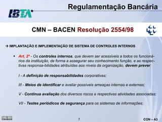 Regulamentação Bancária


             CMN – BACEN Resolução 2554/98

 IMPLANTAÇÃO E IMPLEMENTAÇÃO DE SISTEMA DE CONTROLES INTERNOS


    Art. 2º - Os controles internos, que devem ser acessíveis a todos os funcioná-
     rios da instituição, de forma a assegurar seu conhecimento função, e as respec-
     tivas responsa-bilidades atribuídas aos níveis da organização, devem prever:

      I - A definição de responsabilidades corporativas;

      III - Meios de identificar e avaliar possíveis ameaças internas e externas;

      V - Continua avaliação dos diversos riscos e respectivas atividades associadas;

      VII - Testes periódicos de segurança para os sistemas de informações;



                                         7                                      CON – A3
 