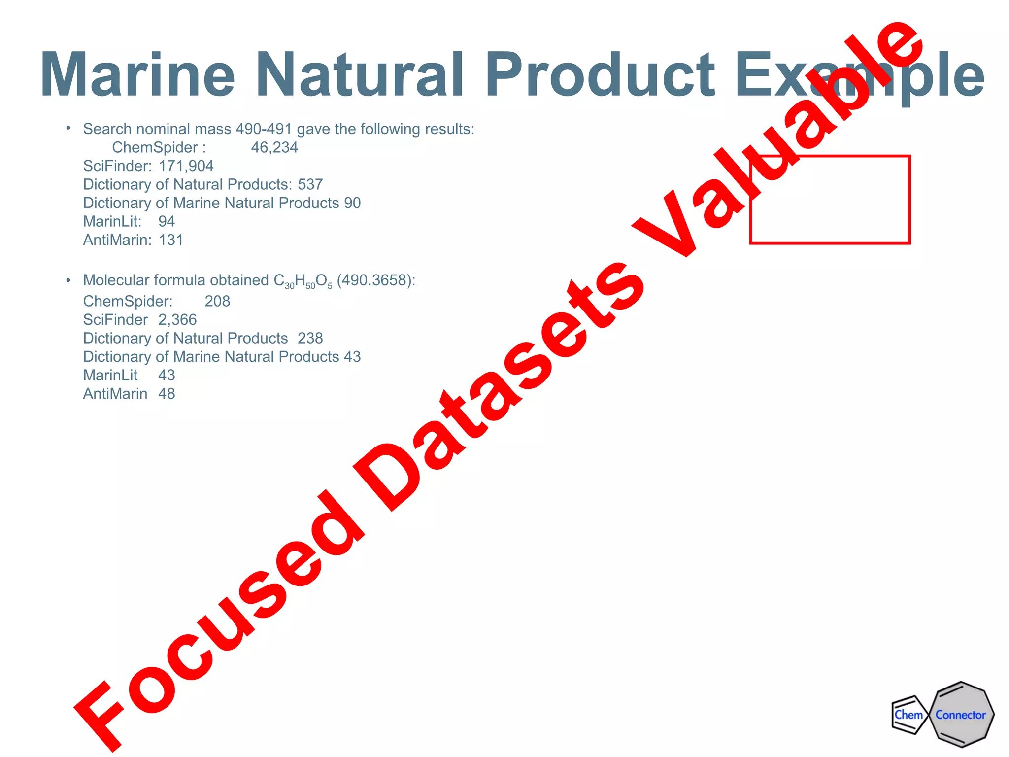 • Search nominal mass 490-491 gave the following results:
ChemSpider : 46,234
SciFinder: 171,904
Dictionary of Natural Products: 537
Dictionary of Marine Natural Products 90
MarinLit: 94
AntiMarin: 131
• Molecular formula obtained C30H50O5 (490.3658):
ChemSpider: 208
SciFinder 2,366
Dictionary of Natural Products 238
Dictionary of Marine Natural Products 43
MarinLit 43
AntiMarin 48
Marine Natural Product Example
Focused
Datasets
Valuable
 