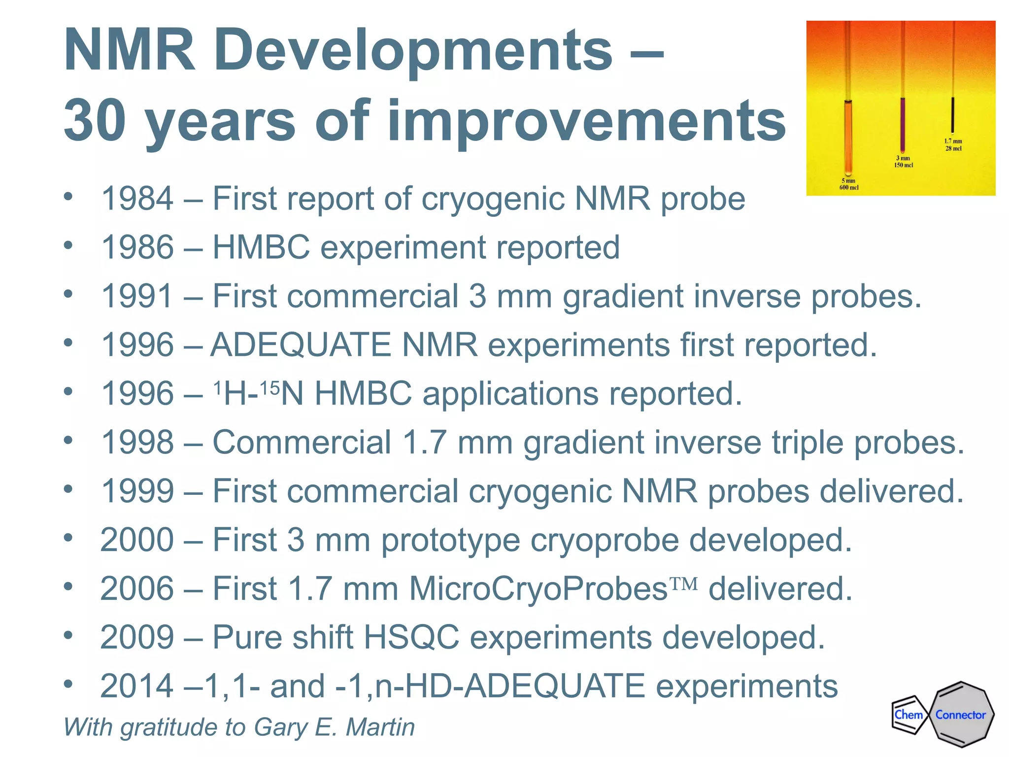 NMR Developments –
30 years of improvements
• 1984 – First report of cryogenic NMR probe
• 1986 – HMBC experiment reported
• 1991 – First commercial 3 mm gradient inverse probes.
• 1996 – ADEQUATE NMR experiments first reported.
• 1996 – 1
H-15
N HMBC applications reported.
• 1998 – Commercial 1.7 mm gradient inverse triple probes.
• 1999 – First commercial cryogenic NMR probes delivered.
• 2000 – First 3 mm prototype cryoprobe developed.
• 2006 – First 1.7 mm MicroCryoProbes™ delivered.
• 2009 – Pure shift HSQC experiments developed.
• 2014 –1,1- and -1,n-HD-ADEQUATE experiments
With gratitude to Gary E. Martin
 